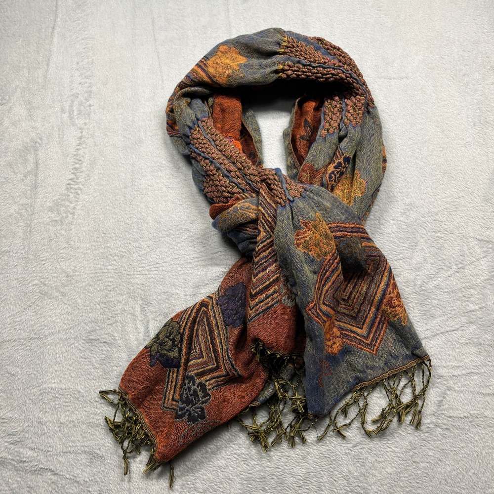 Boho Geometric Jacquard Pashmina Floral Fringed Scarf Earthy Smocked Texture OS